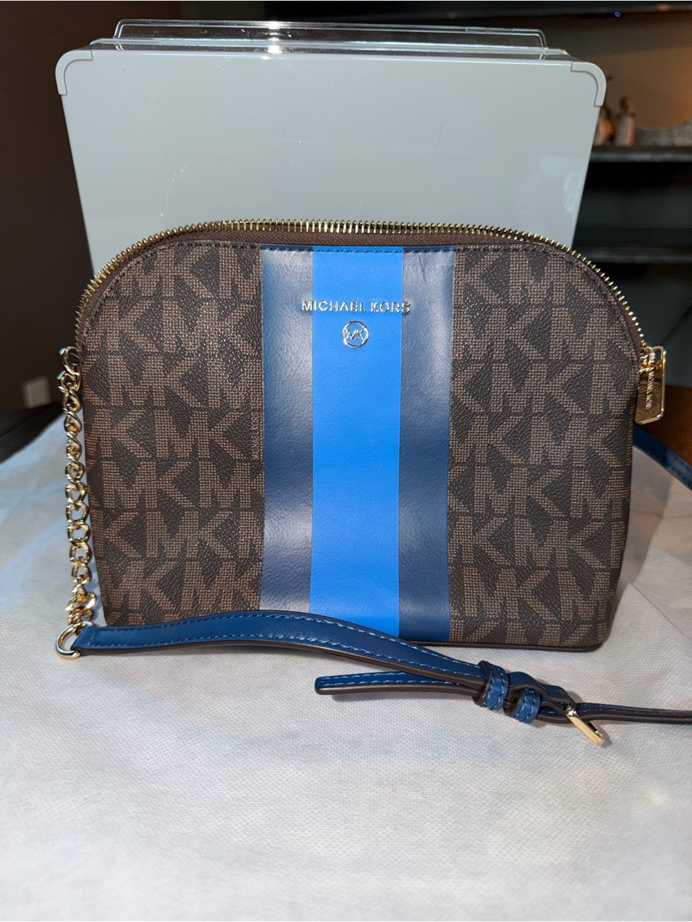 Michael Kors Brown Monogram Crossbody with Blue Strap & Gold Chain